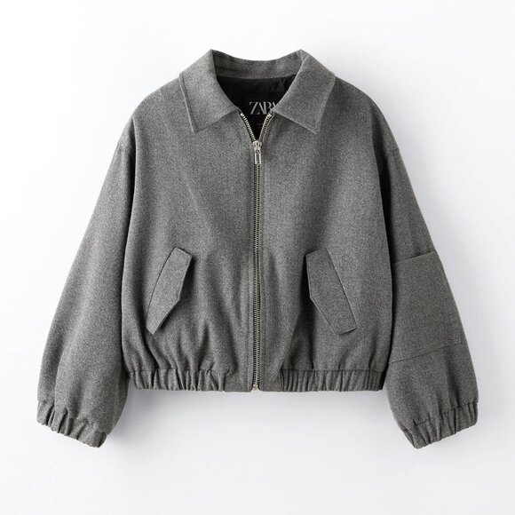 Kid's Zara Grey Bomber Jacket Zip Front‎ Cropped Elastic Hem Pockets Size 13/14 - Picture 1 of 9